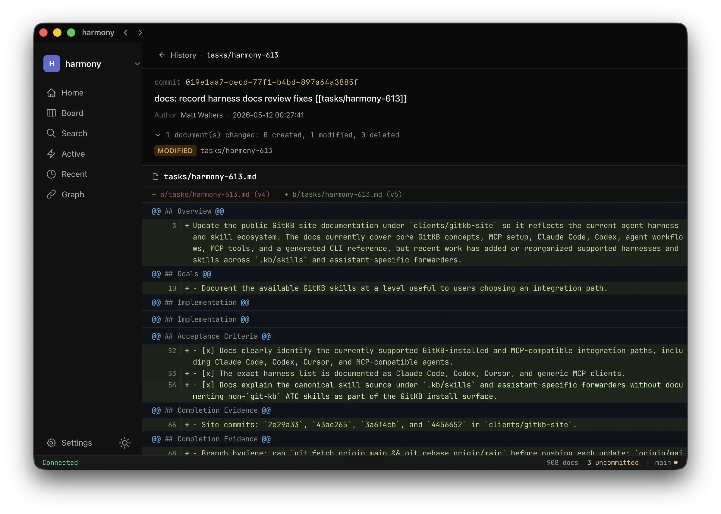 GitKB desktop commit detail showing an auditable knowledge change with commit metadata and a line-level diff.