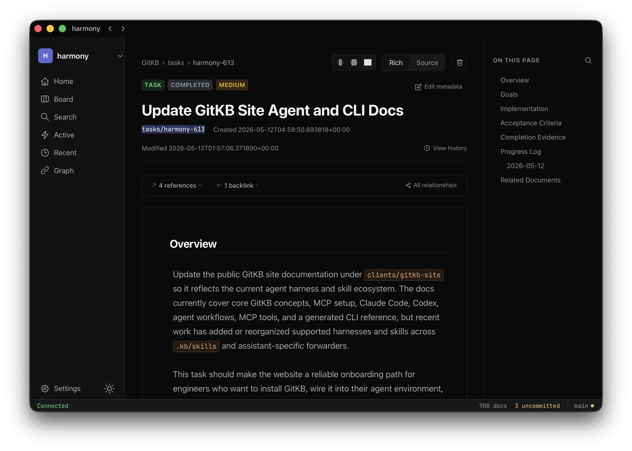 GitKB desktop document view showing a task as first-class reusable project knowledge.