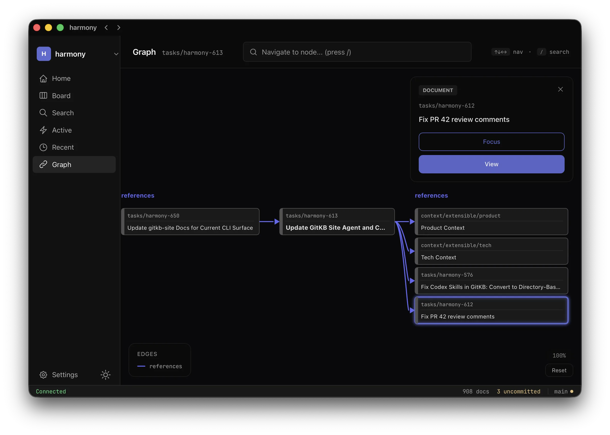 GitKB desktop graph view showing relationships between strategy, task, and document nodes.