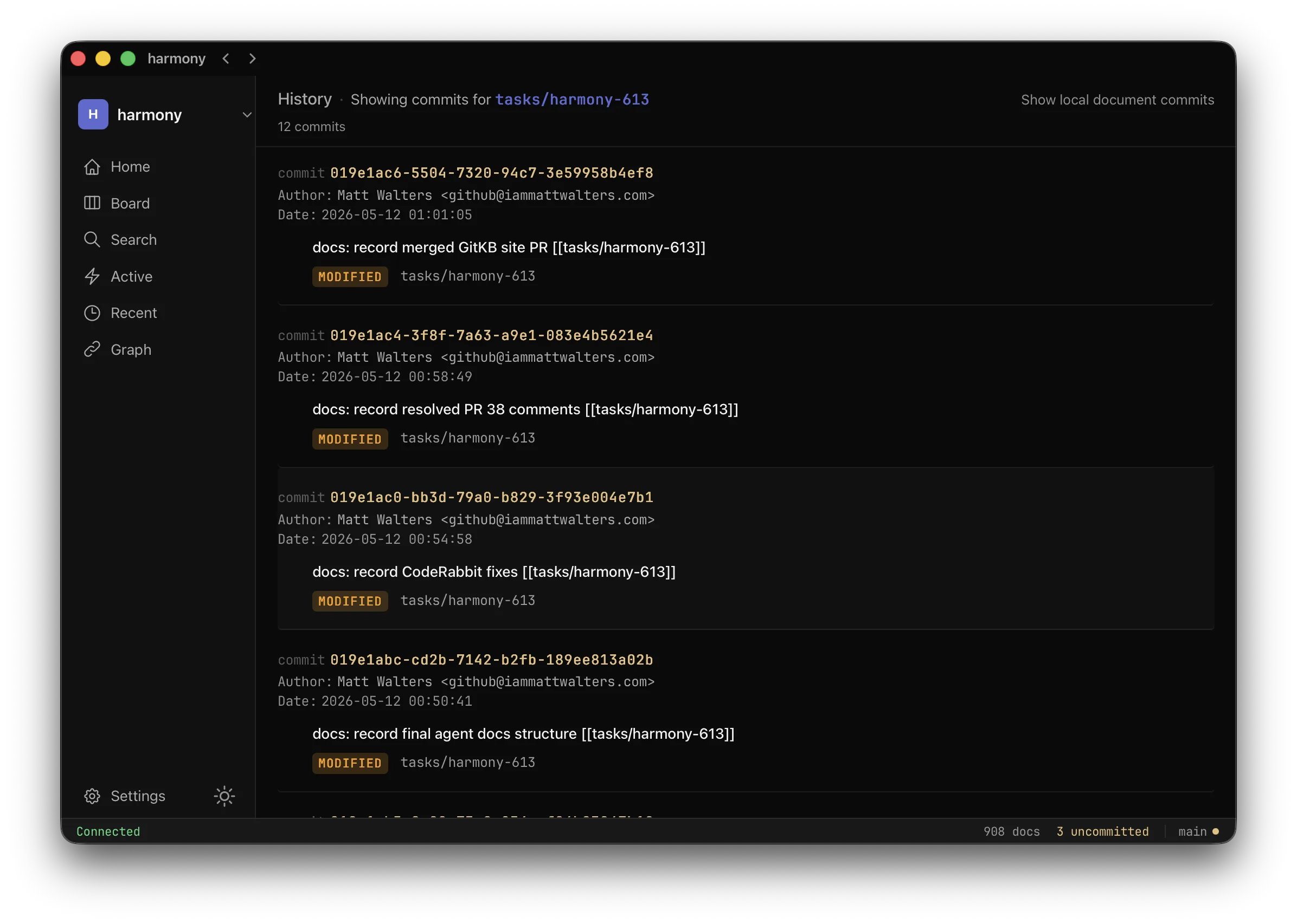 GitKB desktop history view showing repeated knowledge commits for a task over time.